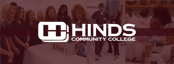 Hinds Community College logo with healthcare students in the background